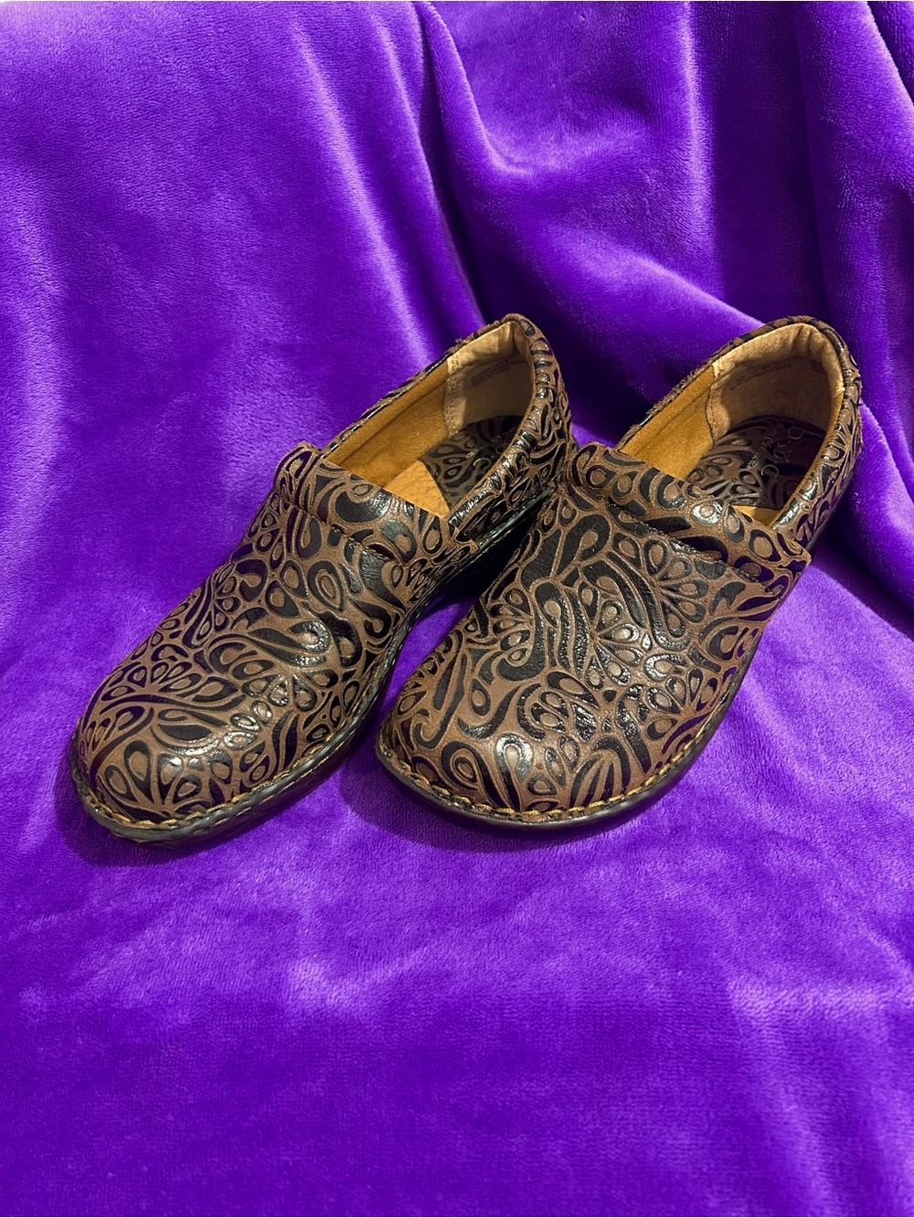Born Women's Brown Leather Slip-On Loafers with Black Paisley Tooled Leather